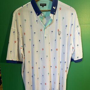 Madchuck Golfwear Polo Shirt 2XL White Multicolor Palm Tree Print Blue Collar Ca